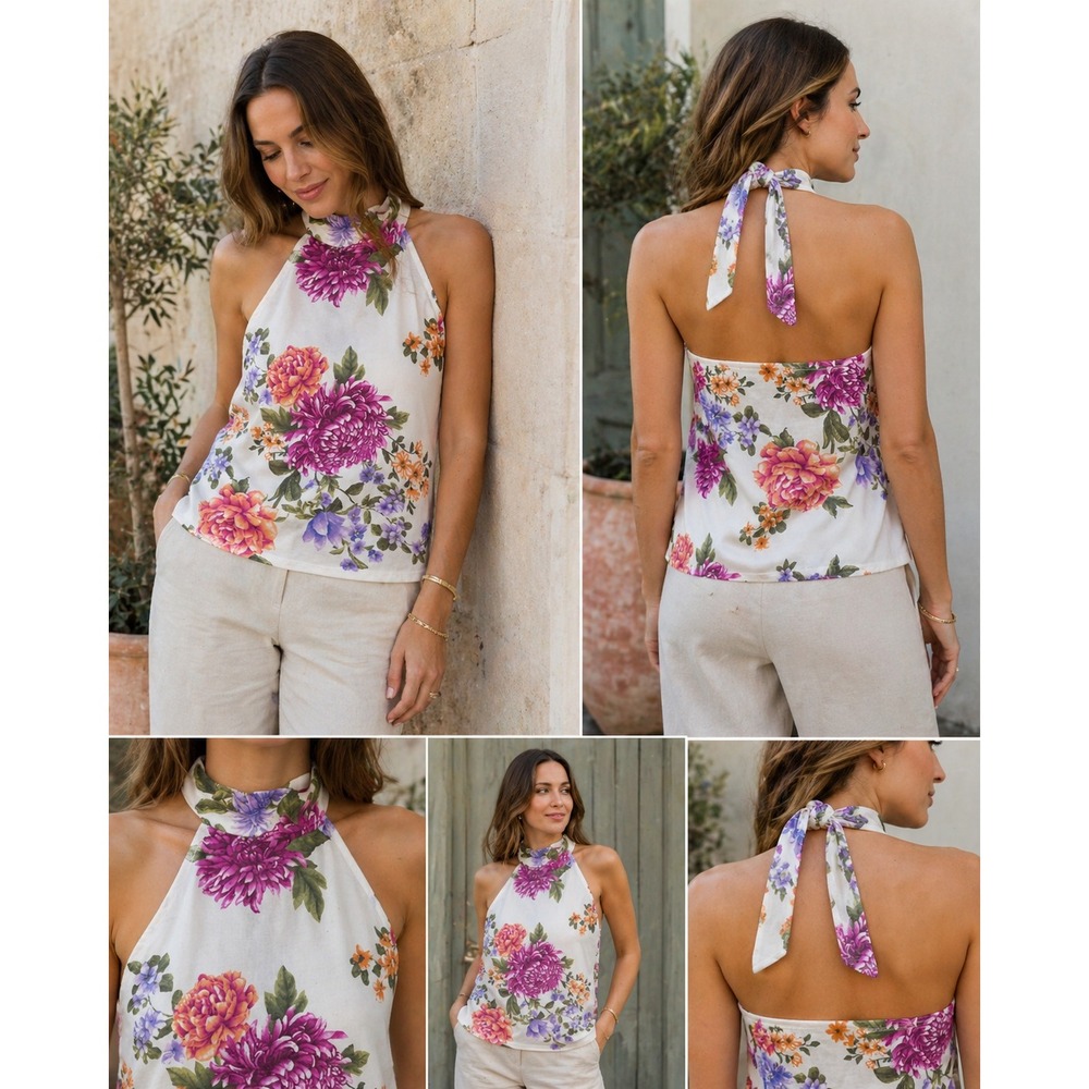 Forever 21 Floral Halter Top Junior L Tie Neck Cottagecore Boho Summer